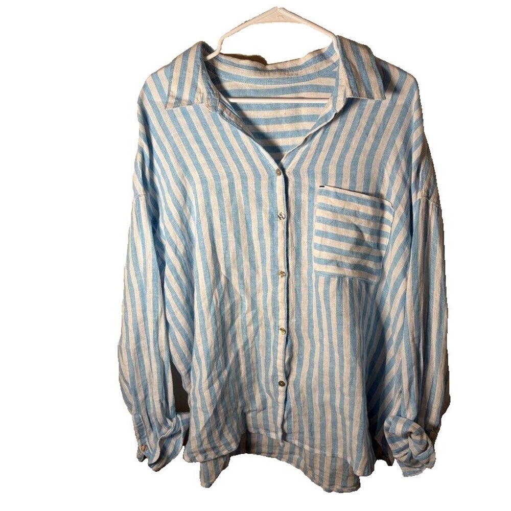 Nicole Miller Shirt Women's 2X Striped 100% Linen Long Sleeve Button Down Top